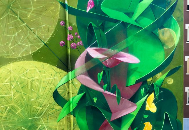 Pink flower wind up green leaves and green ribbons. Big wall painting.Aerosol art by Dado