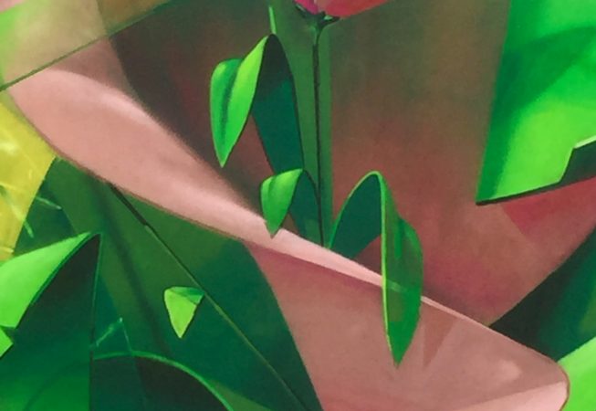 Pink flower wind up green and pink leaves and ribbons. Big wall painting.Aerosol art by Dado