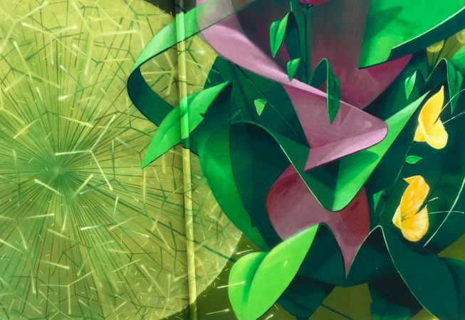 Pink and green leaves and ribbon wind up. Big wall painting. Aerosol art by Dado