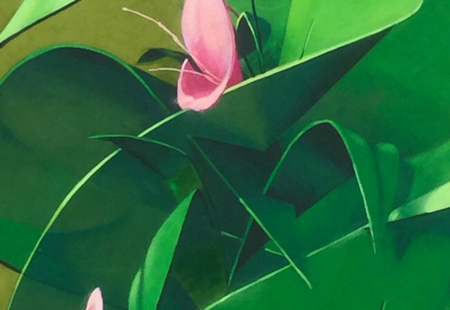 Small pink flowers winded up green leaves and ribbons, detail. Big wall painting. Aerosol art by Dado