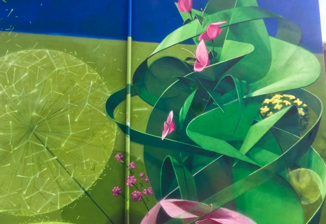 Pink flower wind up green leaves and green ribbons. Big wall painting, top detail. Aerosol art by Dado