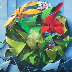 Graffiti-mural painting spheric lettering with multi colored flowers-front view. Artwork by Dado