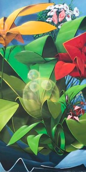 Graffiti-mural painting spheric lettering with multi colored flowers-front view. Artwork by Dado