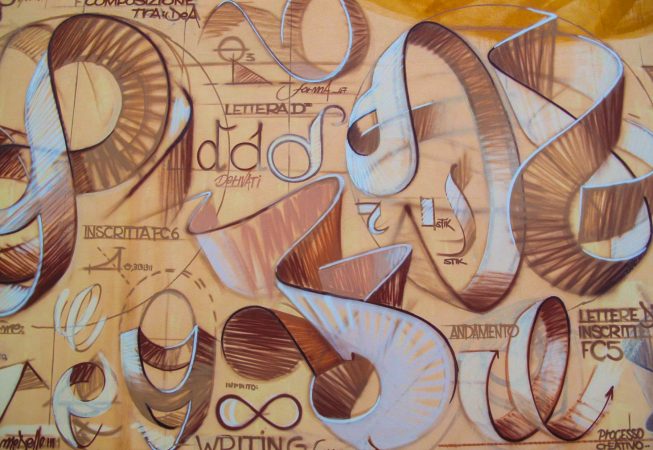 Detail of a mural painting depicting the graphic studies for the letters forming the tag Dado in a graffiti spherical wildstyle piece.
