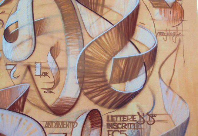 Base detail of a mural painting depicting the graphic studies for the letters forming the tag Dado in a graffiti spherical wildstyle piece.