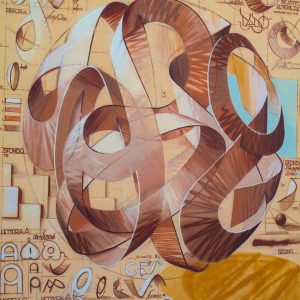 Main element of a mural painting depicting a spherical wildstyle graffiti forming the tag Dado with some graphic studies for the letters.