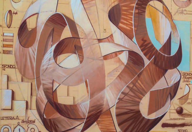 Main element of a mural painting depicting a spherical wildstyle graffiti forming the tag Dado with some graphic studies for the letters.