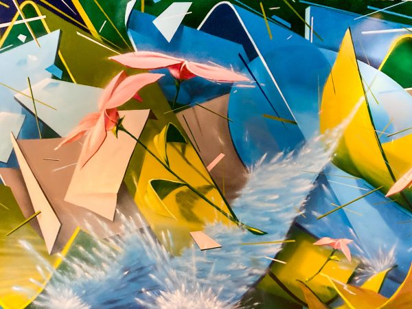 Closeup detail of a wall decoration bunch of pink flowers floating in front of an intersecated blue and green ribbons pattern and a splash of water coming from the bottom side. Aerosol art by Dado.