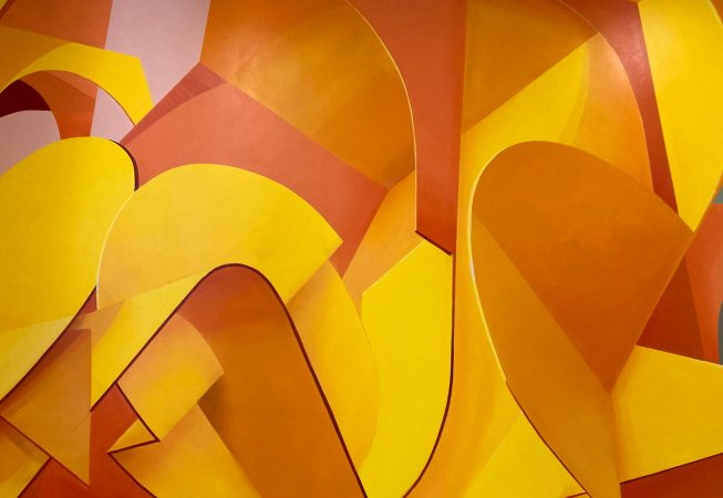 Detail of an interior wall decoration representing an abstraction of Bologna's arcs, Portici in yellow-orange tones. Artwork by Dado.
