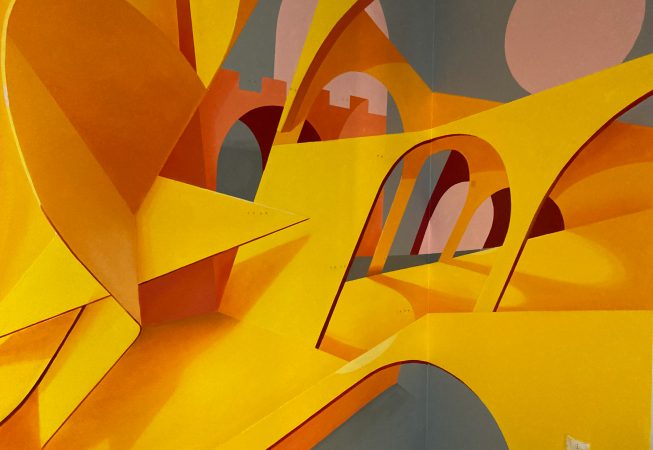 Detail of an interior wall decoration representing an abstraction of Bologna's arcs, Portici in yellow-orange tones. Artwork by Dado.
