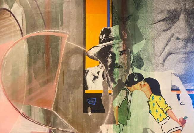 Detail of torn paper posters as a part of a decorated garage interior walls recreating a street underground atmosphere. Artwork by Dado.