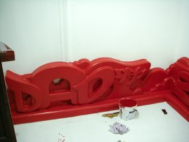 Bas-relief in the form of a baseboards graffiti representing the names Dado and Stefy.Detail. Artwork by Dado and Stefy