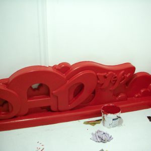Bas-relief in the form of a baseboards graffiti representing the names Dado and Stefy.Detail. Artwork by Dado and Stefy
