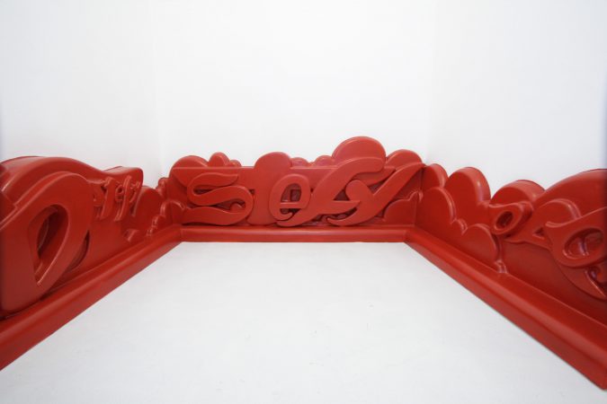 Bas-relief in the form of a baseboards graffiti representing the names Dado and Stefy. Total front view. Artwork by Dado and Stefy