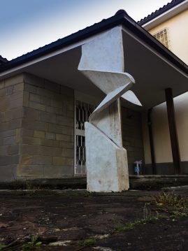 Modern geometrical sculpture . Front wide view Artwork by Dado
