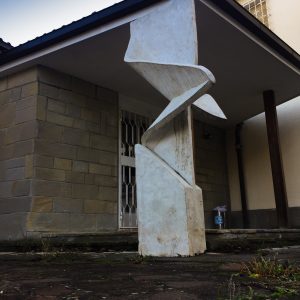 Modern geometrical sculpture . Front wide view Artwork by Dado
