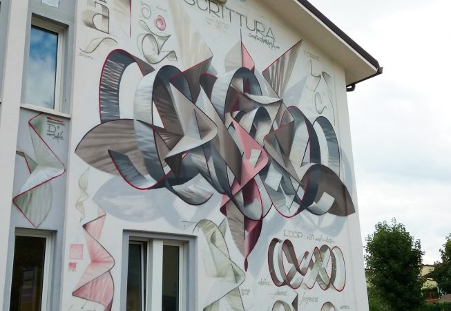 Big mural painting, on a white building face, depicting the graphic studies for any single letter forming the name Dado in a graffiti wildstyle piece, ground level view