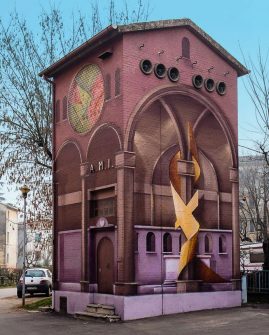 A Church interiors detailed mural graffiti, painted on all four sides of an electric cabin small building, gives the illusion of a realistic interiors accessible space, front lateral view. Artwork by Dado