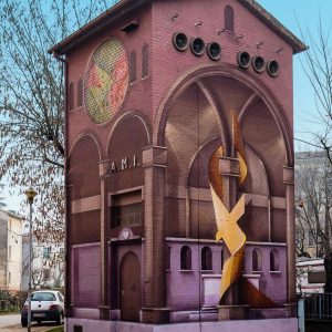 A Church interiors detailed mural graffiti, painted on all four sides of an electric cabin small building, gives the illusion of a realistic interiors accessible space, front lateral view. Artwork by Dado