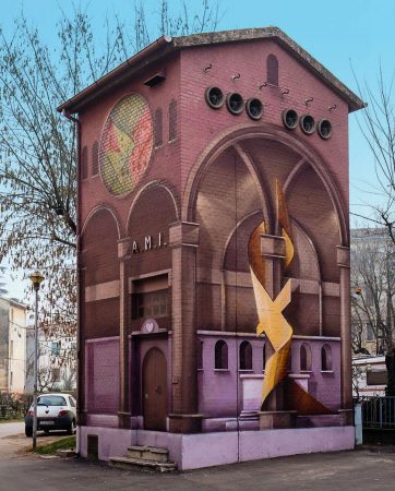 A Church interiors detailed mural graffiti, painted on all four sides of an electric cabin small building, gives the illusion of a realistic interiors accessible space, front lateral view. Artwork by Dado