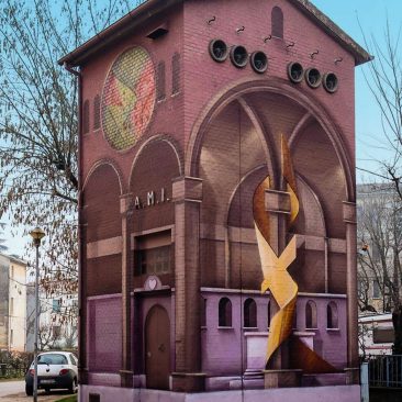 A Church interiors detailed mural graffiti, painted on all four sides of an electric cabin small building, gives the illusion of a realistic interiors accessible space, front lateral view. Artwork by Dado