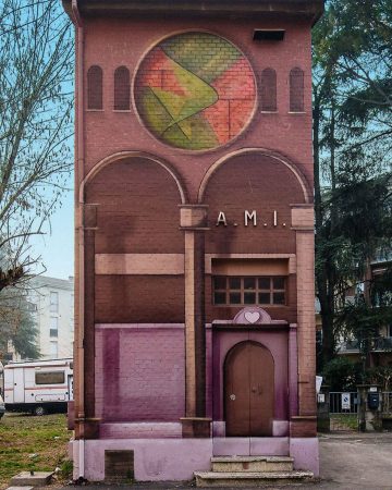 A Church interiors detailed mural graffiti, painted on all four sides of an electric cabin small building, gives the illusion of a realistic interiors accessible space, left side view. Artwork by Dado