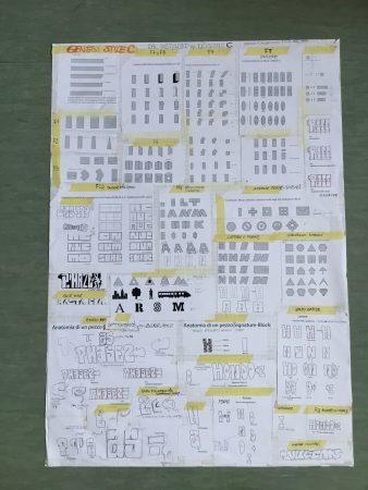 Printed sketches on white paper illustrating graphic studies of archetypal symbols used in the composition of forms and lettering drawings in graffiti artworks. Sketches by Dado Ferri