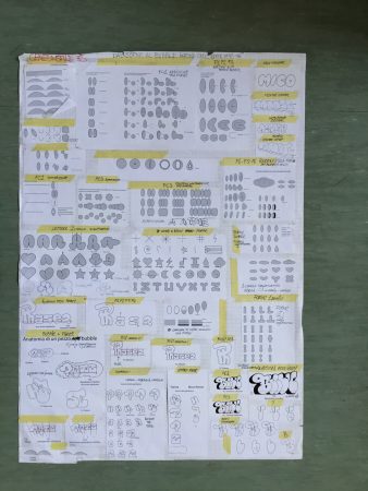 Printed sketches on white paper illustrating graphic studies of archetypal symbols used in the composition of forms and lettering drawings in graffiti artworks. Sketches by Dado Ferri