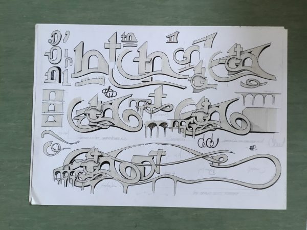 Marker sketches on white paper illustrating studies on the graphic elements composing lettering drawings in a graffiti artwork. Sketches by Dado Ferri