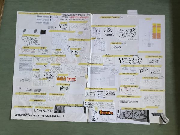Marker sketches on white paper illustrating graphic studies on the evolution of lettering drawing in old school graffiti pioneers artworks. Sketches by Dado Ferri