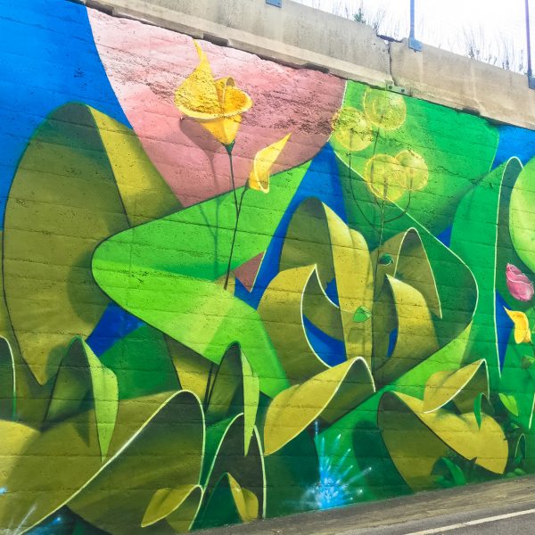 Lateral view of a Mural Painting depicting the name of the city Covignano woven with colored flowers and green leaves. Artwork by Dado