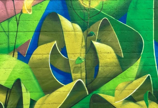 Detail of green leaves and yellow flowers on a mural Painting depicting the name of the city Covignano woven with colored flowers and green leaves. Artwork by Dado