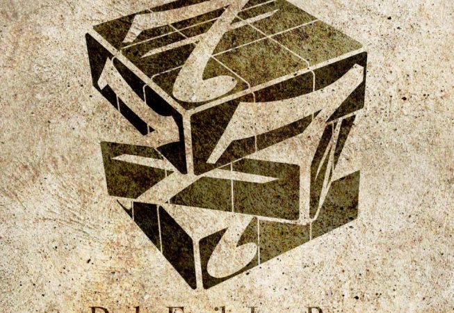 Flyer of the exhibition Seven Dimensions, depicting a Rubik Cube with the number 7 printed on all faces, in a monochrome sepia tone.