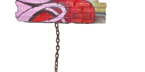 A modern art sculpture consisting in a square piece of a brick wall painted with graffiti floating off the ground trying to fly away but a strong heavy chain keep it connected to the ground. Artwork by Dado